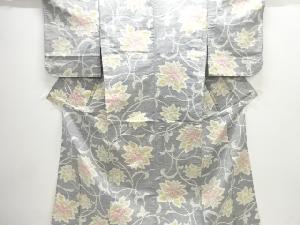 唐花模様織り出し手織り紬単衣着物